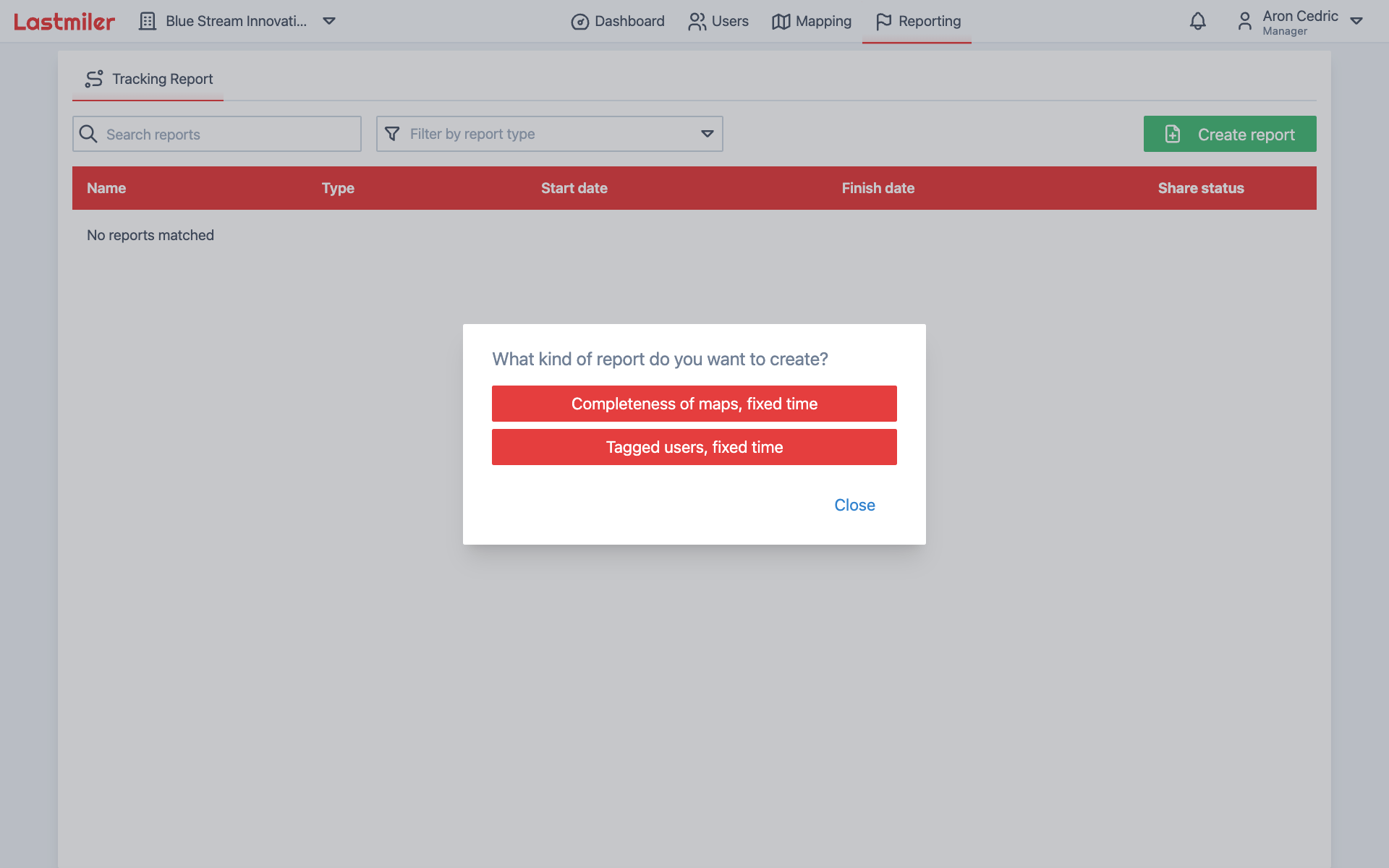 Create report type selection modal