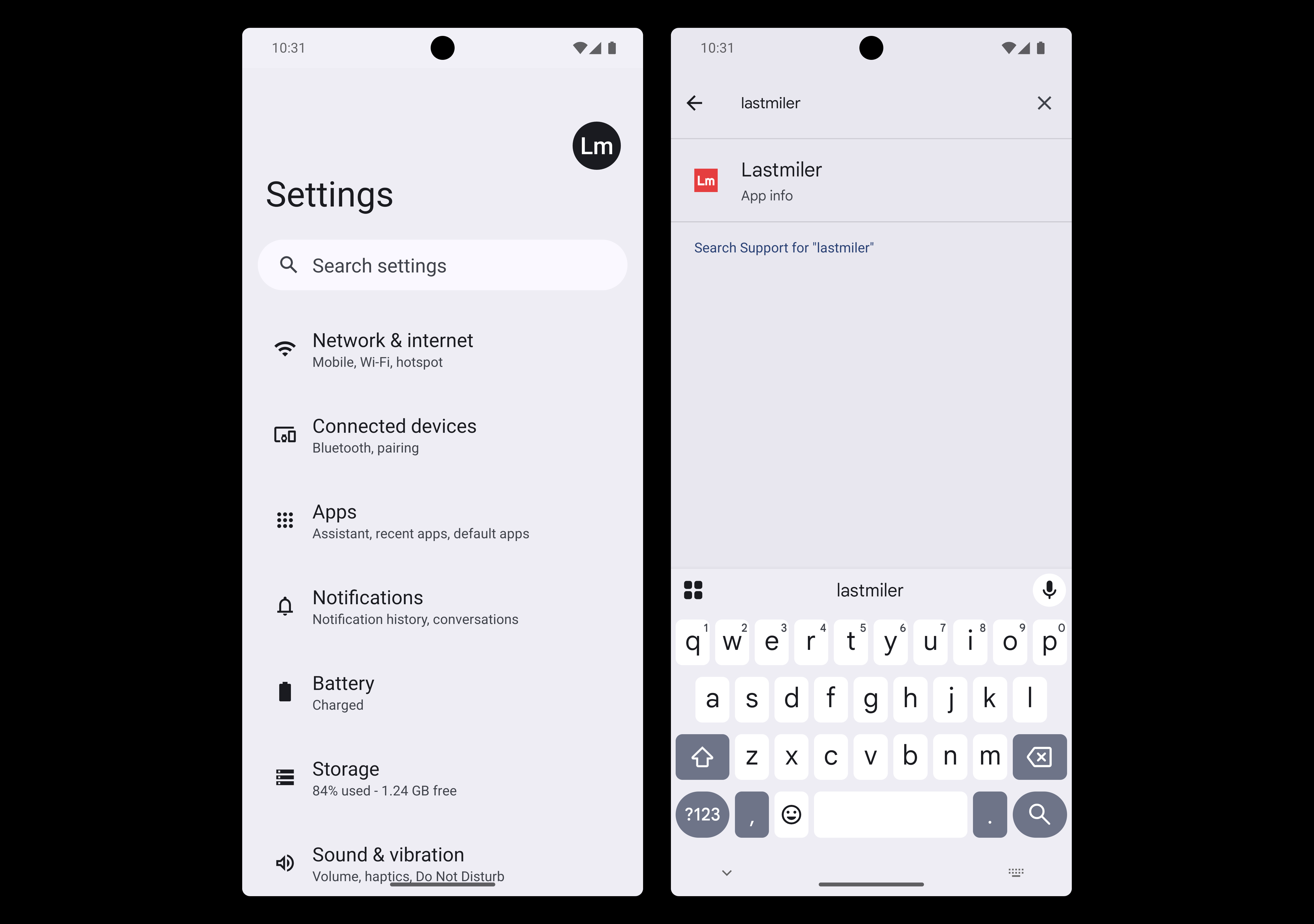 Accessing Lastmiler system settings through device settings search